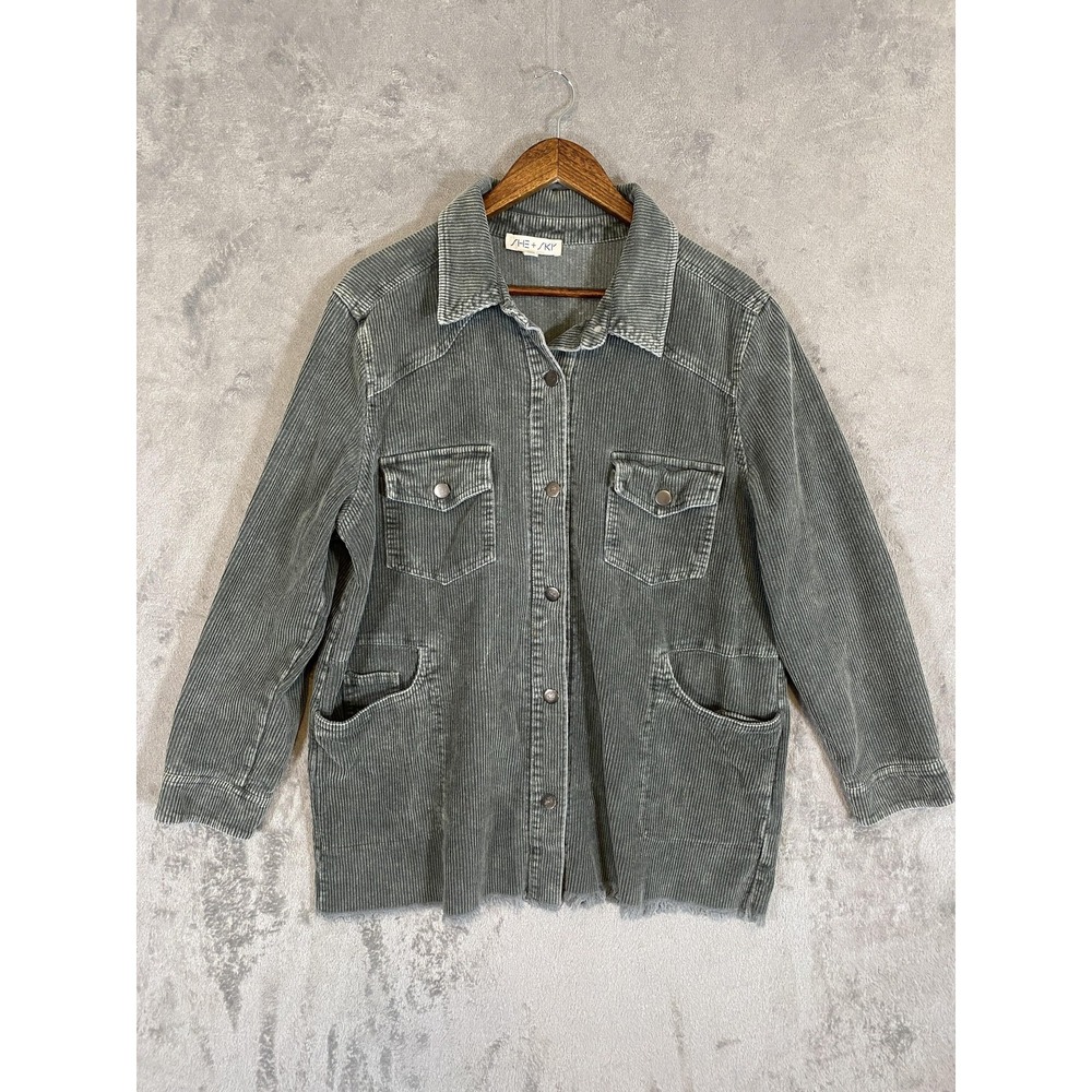 She + Sky Jacket Sz‎ L Sage Green Corduroy Snap Raw Hem Pockets Boho Country